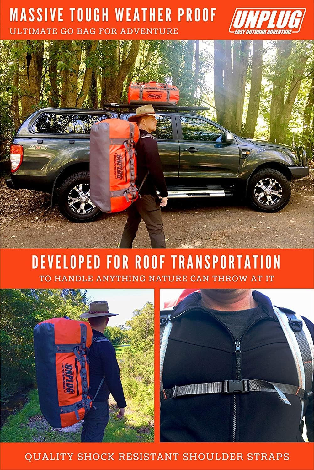 UNPLUG Ultimate Adventure Bag | 1680D Heavy Duty Waterproof Bag | Large Travel Duffle Bag Which Can Be Used for Camping, Motorcycling, Boating, or Hunting