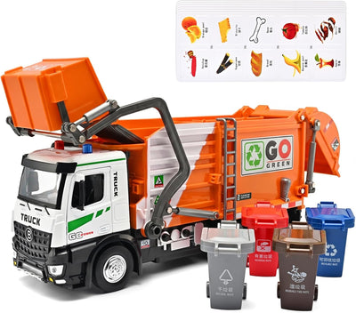 Large Metal Garbage Truck Toy for Boy 4-7, Kid Trash Truck with Auto-Lift Function, Trash Truck Toy with Light and Sound, Metal Cab, Birthday Gift Kids Pretend Play Toy Garbage Truck for Boys