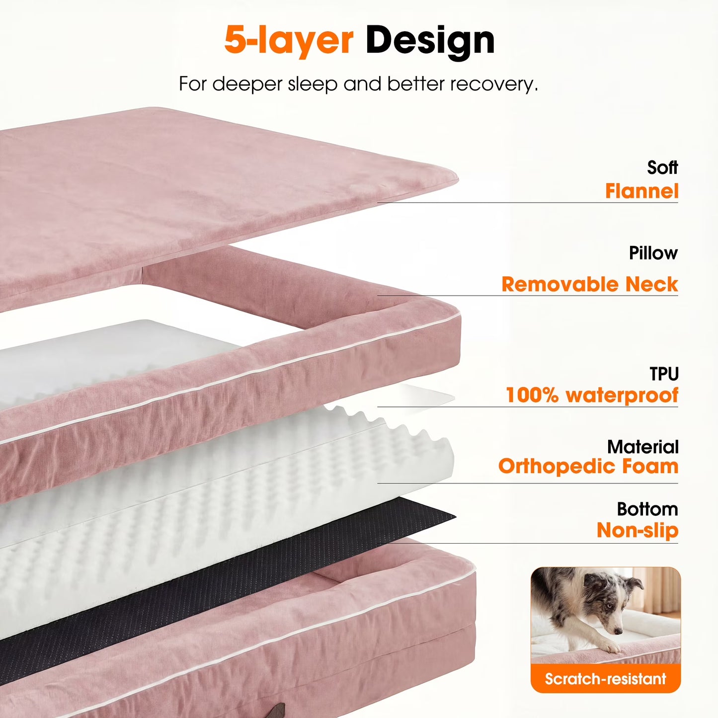 Extra Large Orthopedic Dog Bed Waterproof Pet Sofa Bed Four-Sided Bolster Cushion with Removable Washable Cover for Big Dogs Pink