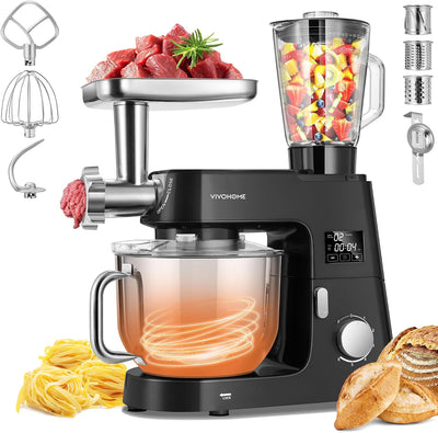 VIVOHOME 9 in 1 Multifunctional Stand Mixer with Fermentation, 6 Speed 7.5 Quart Kitchen Electric Food Mixer with Timer, Meat Grinder, Juice Blender, Vegetable Slicer, Pasta and Cookie Maker, Black