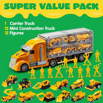 JOYIN 25Pcs Die-Cast Construction Play Vehicle Set with 25Pcs Rescue Emergency Fire Truck Car Vehicle Toy Set, Carrier Truck with Sounds and Lights, Birthday Gifts for over 3 Years Old Boys