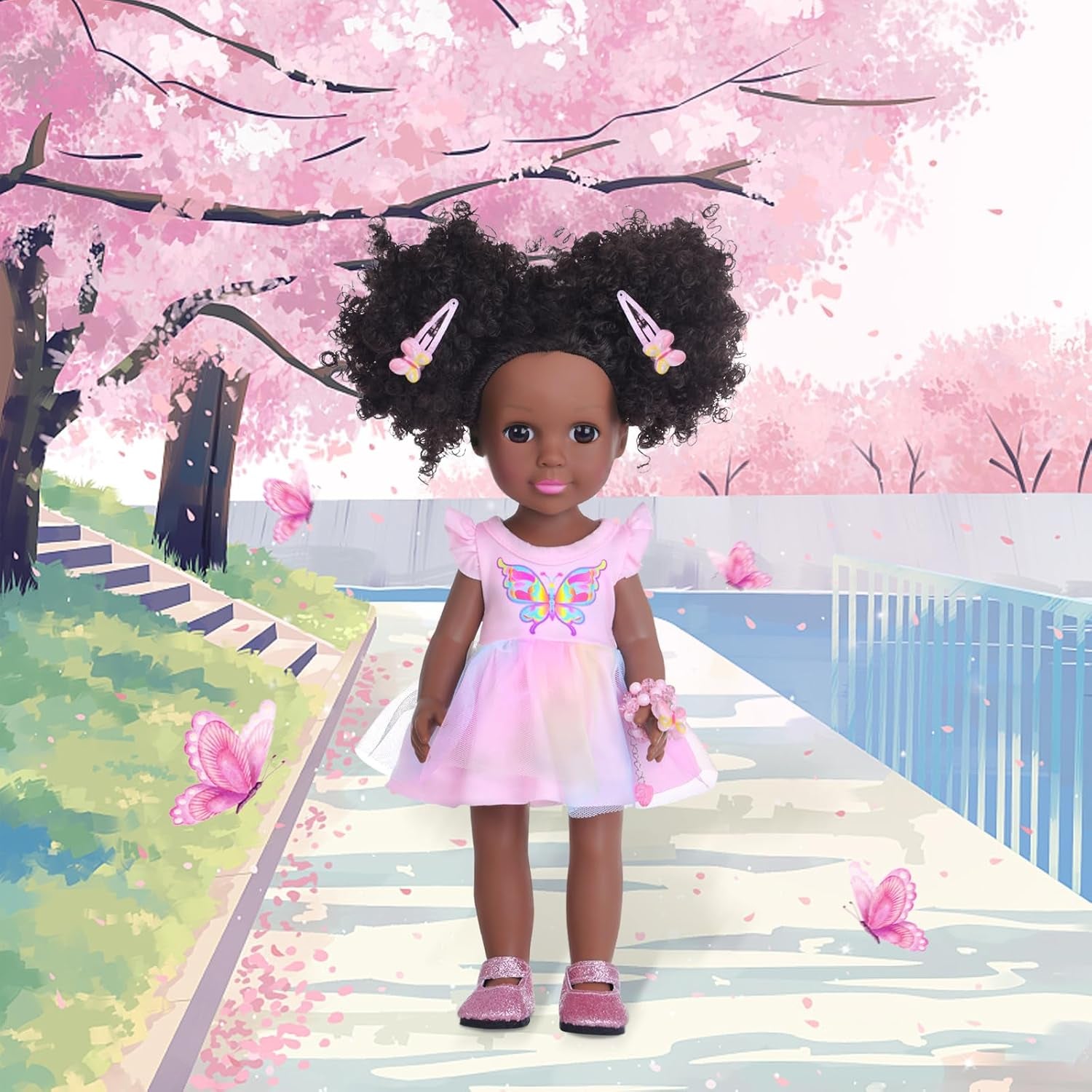DONTNO 14.5 Inch Black Doll and Baby Doll Clothes and Accessories,Including Phone Sunglasses Shoes Makeup Accessories and Butterfly Theme Dress Best Gift for Girls Kids