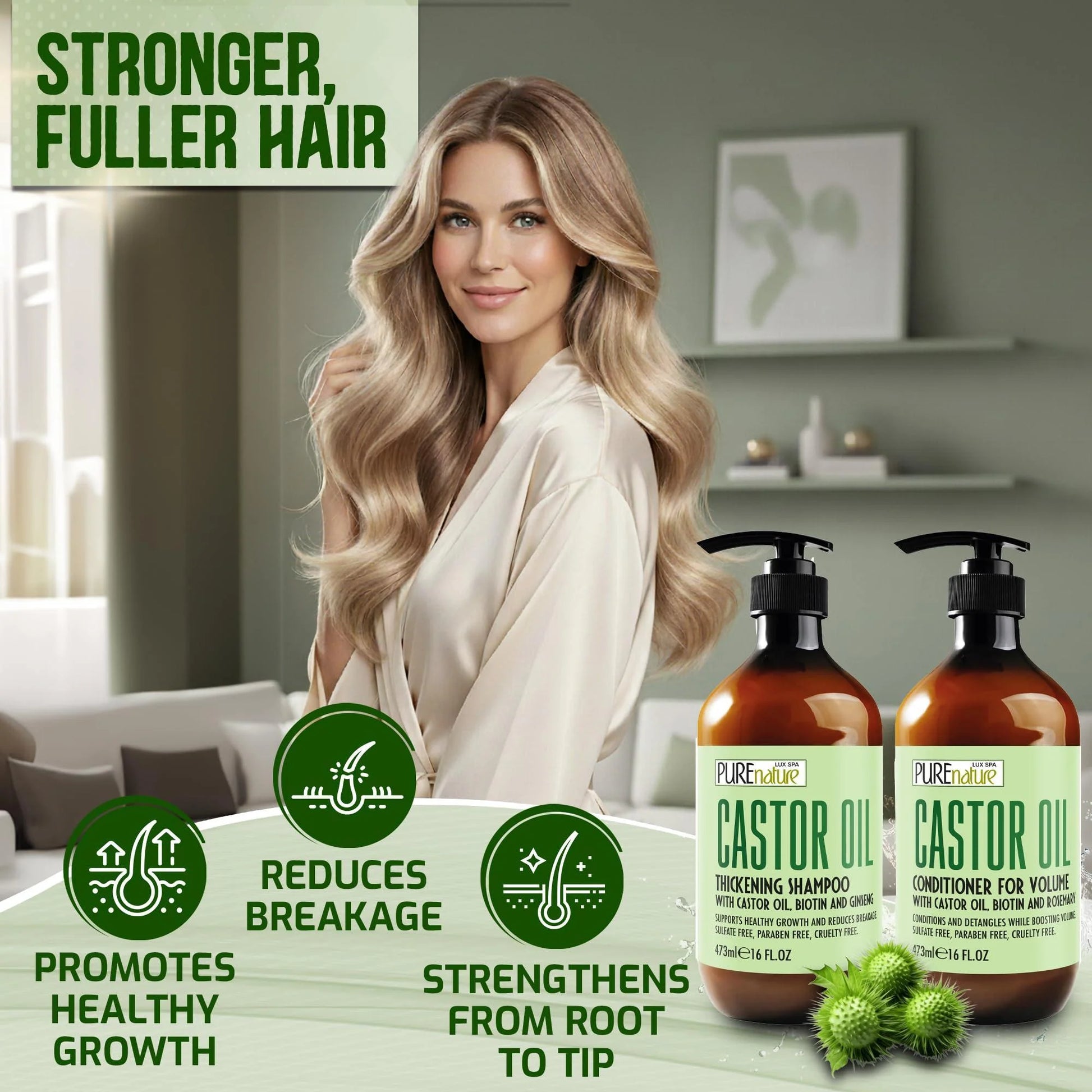 Castor Oil Shampoo and Conditioner Set 16 Fl Oz Set of 2 Sulfate Free Volume Thickening Products for Fine Thinning Hair anti Breakage and Volumizing Thick Professional Salon Formula