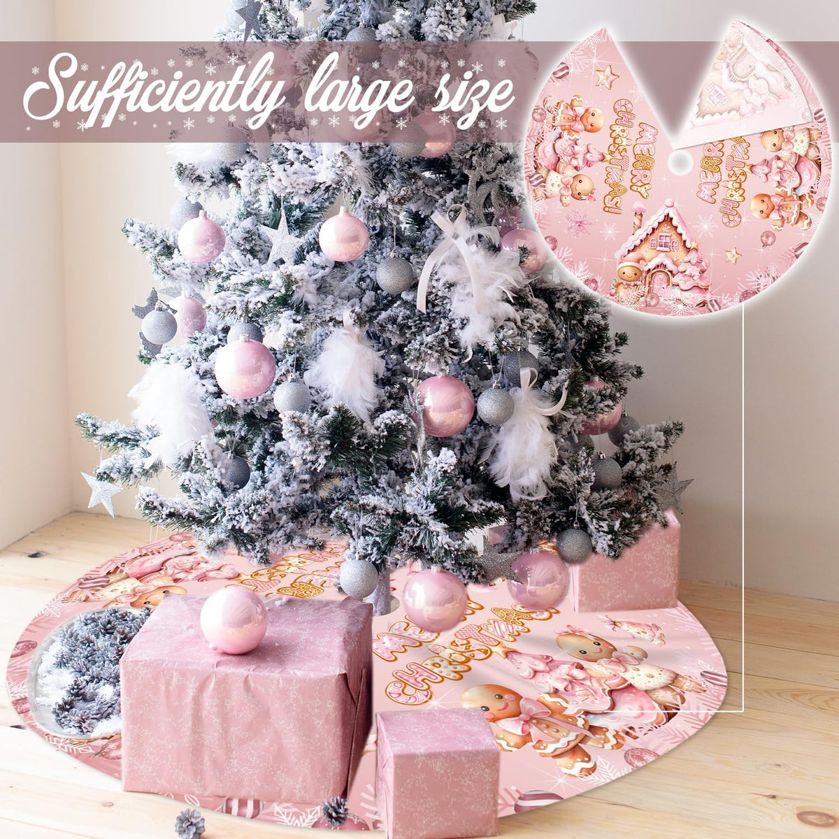 Pink Christmas Tree Skirt 48 Inch, Gingerbread Candy Cane Xmas Tree Decor
