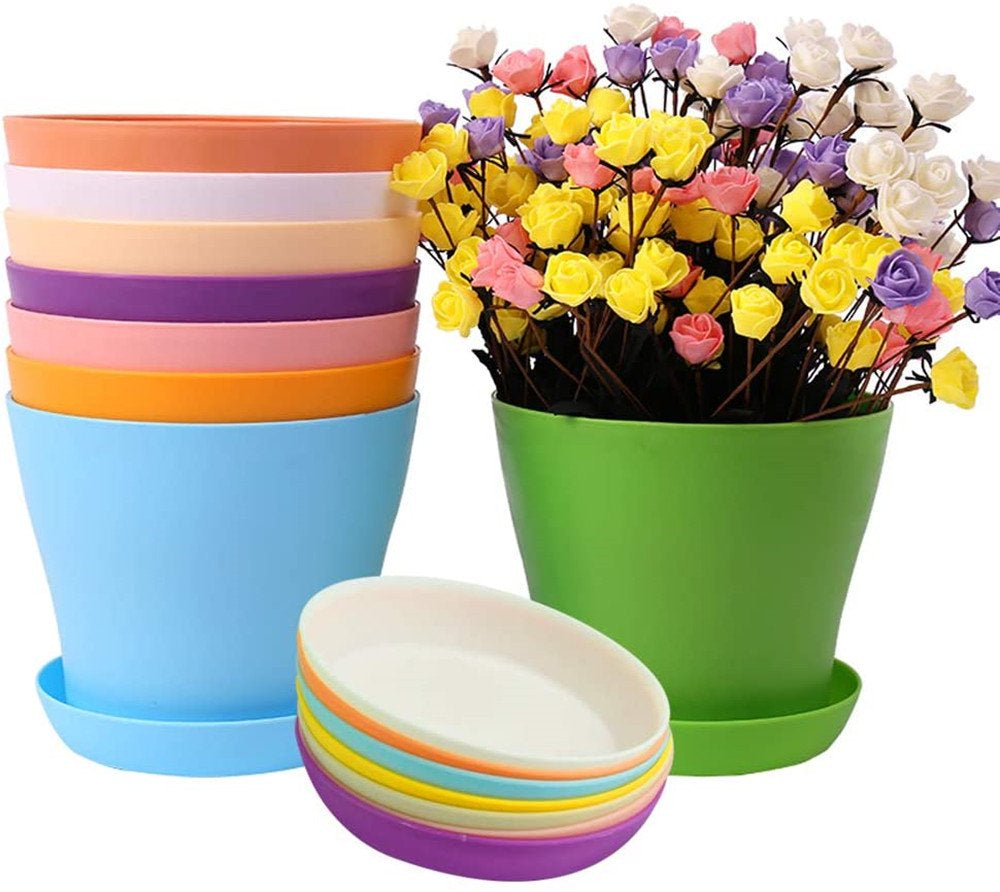 8Pcs Colorful Plastic Flower Pots Plastic Mini Nursery Pots Small Thick Plastic Plant Pots Nursery Seedling Planter Garden Flower Pot Container with Pallet/Trays for Flower, Succulent, Cactus