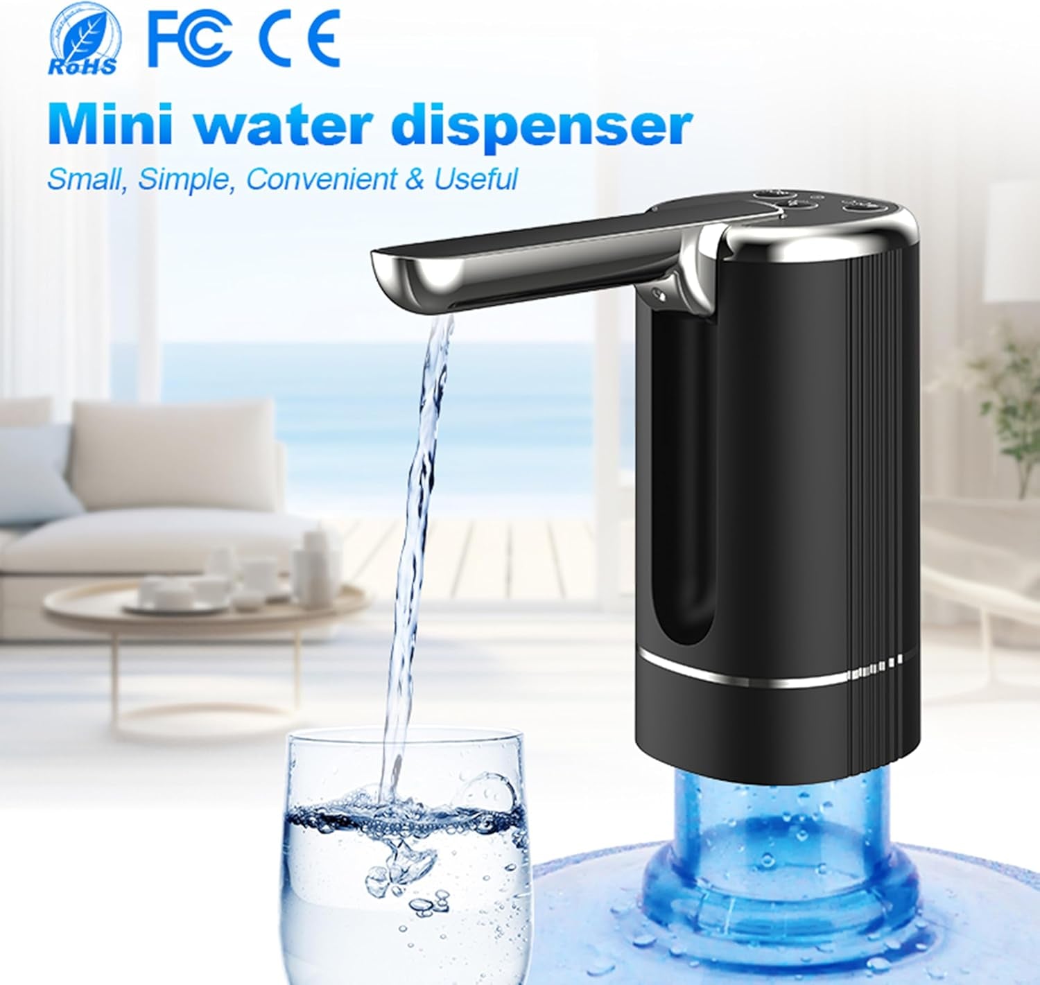 Foldable Water Dispenser with 1200Mah Lithium Battery for 5 Gallon Bottle, Automatic Stable Water Pump, Portable Drinking Water Jug Pump for Kitchen, Home, Office, Camping, Living Room, Beach (Black)