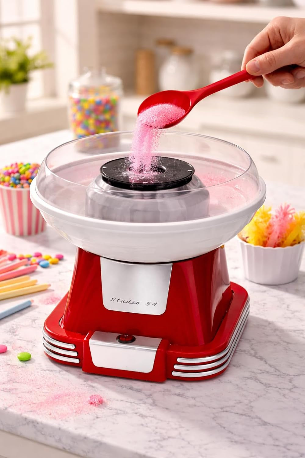 Retro Cotton Candy Machine with Spoon – Cotton Candy Maker for Home, Easy-Use Cotton Candy Machine for Kids, Durable Vintage Design, BPA & Lead-Free, Metallic Red