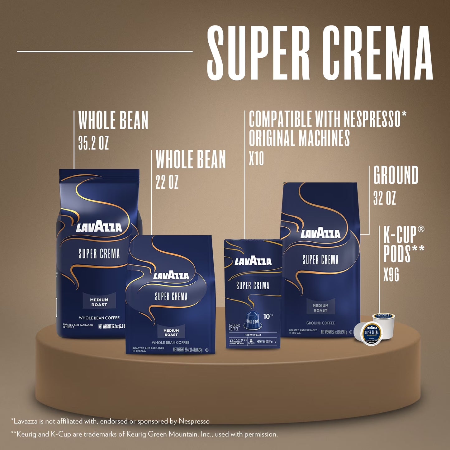 Lavazza Super Crema Keurig K-Cup® Pods, Medium Roast, Arabica and Robusta Blend (96 Pods)
