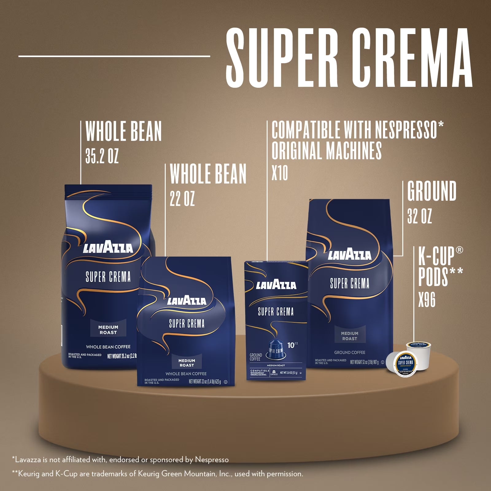 Lavazza Super Crema Keurig K-Cup® Pods, Medium Roast, Arabica and Robusta Blend (96 Pods)