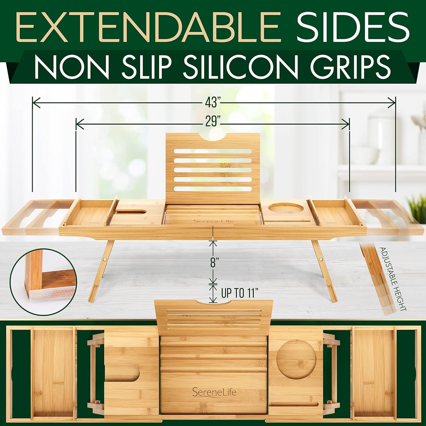 Serenelife Bath Caddy Breakfast Tray Combo - Natural Bamboo Wood Waterproof Tub and Bed with Folding Slide-Out Arms, Device Grooves, Wine Glass Soap Holder