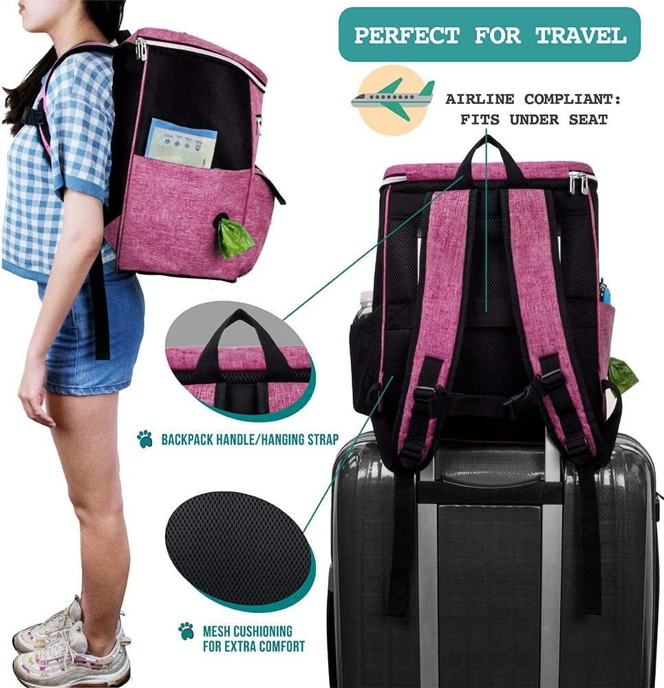Petami Dog Travel Bag Backpack, Airline Approved Dog Bags for Traveling, Puppy Diaper Bag Supplies, Pet Camping Essentials Hiking Accessories Dog Mom Gift, Food Container, Collapsible Bowls, Pink