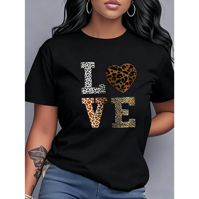 100% Pure Cotton, Available in Multiple Colors, Love Leopard Print Heart Pattern Printed Fashion Casual Short Sleeve Pullover Sweatshirt Women'S round Neck T-Shirt