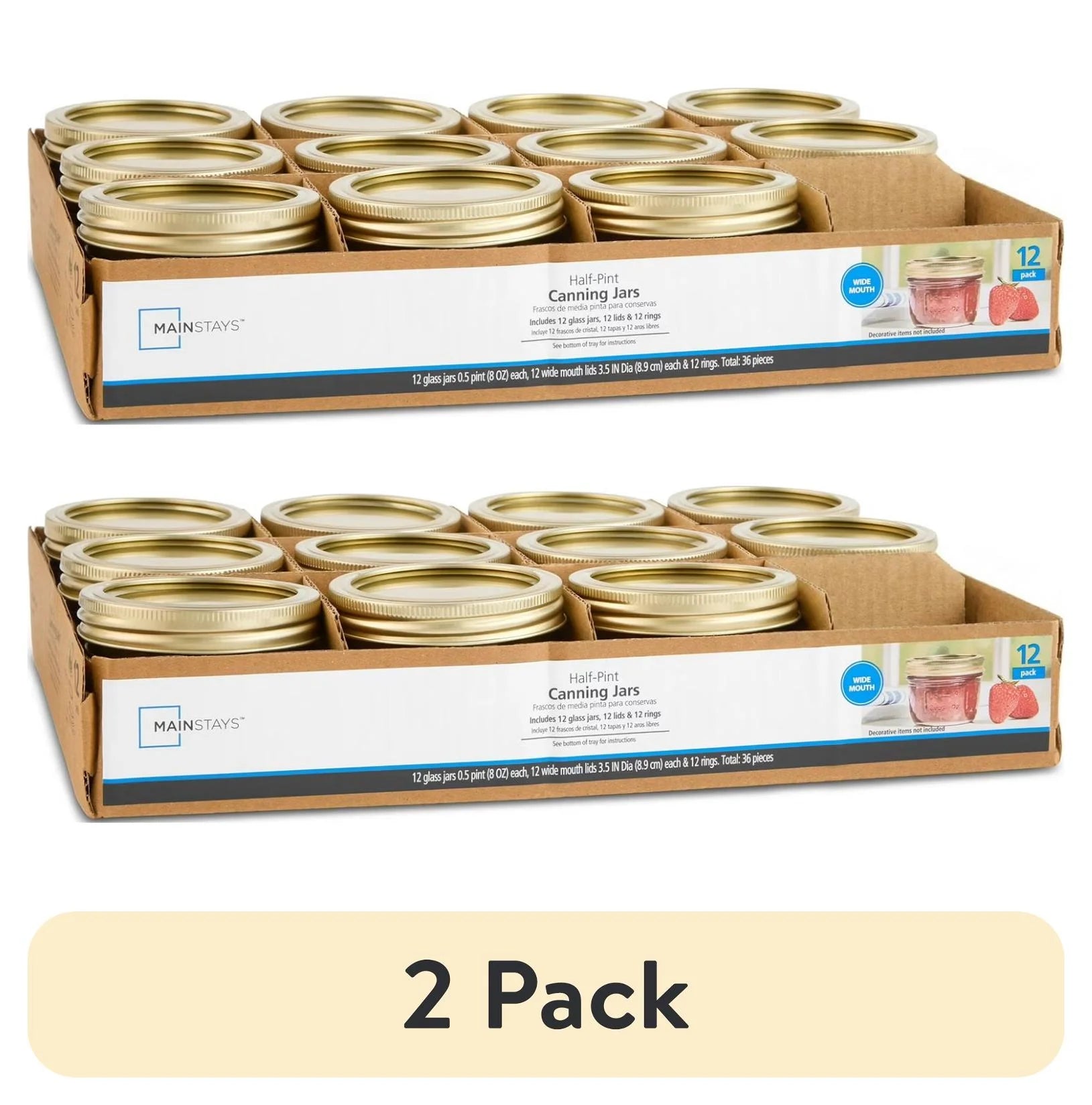 (2 Pack) Mainstays 8 Oz Mason Jars, Wide Mouth Half Pint Canning Jars with Lids and Rings, 12-Pack Small Glass Jars for Home Canning and Meal Prep