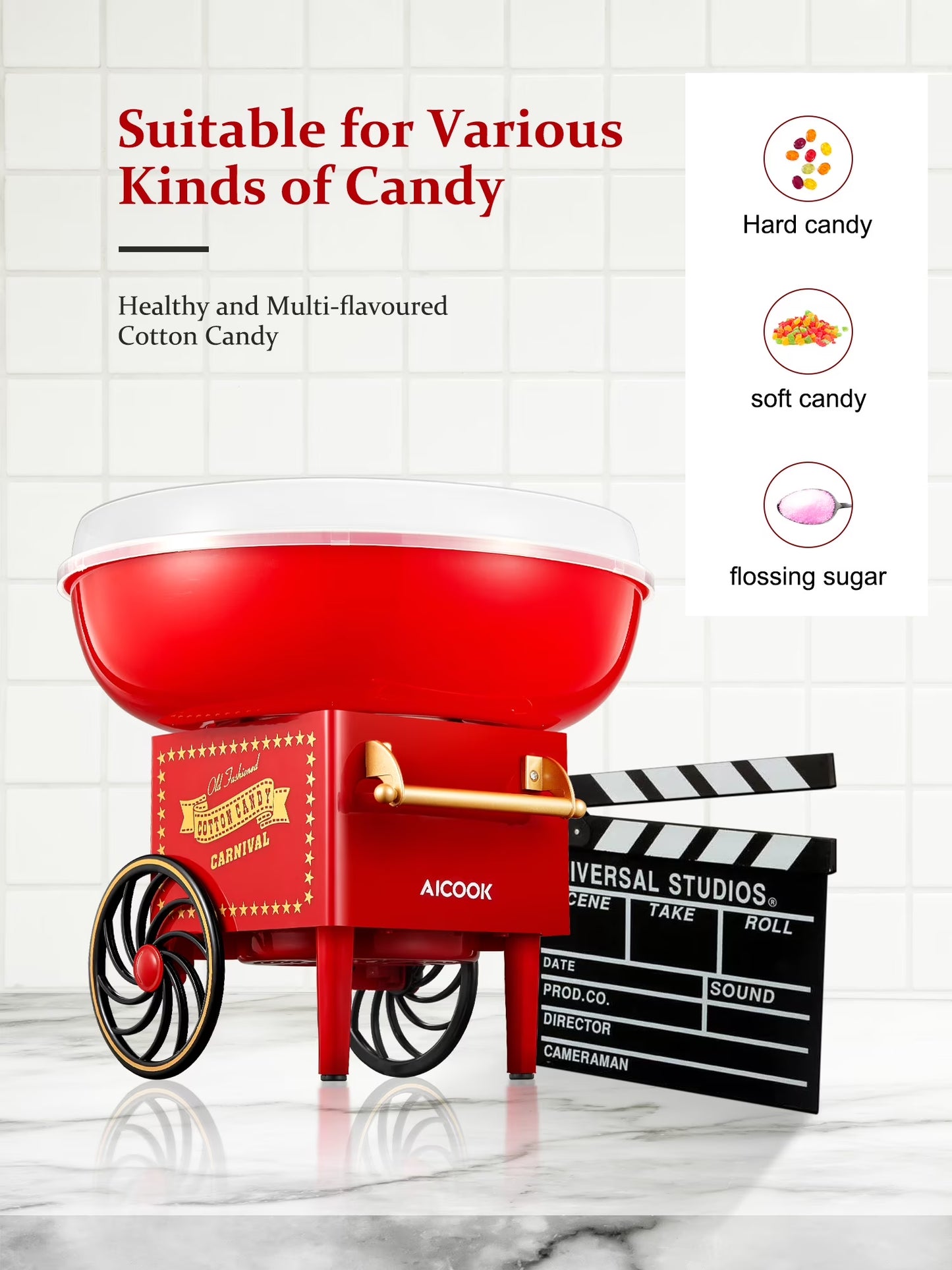 Cotton Candy Machine, Cotton Candy Maker for Kids with Candy Spoon and 10 Candy Sticks, Christmas Red, FOHERE