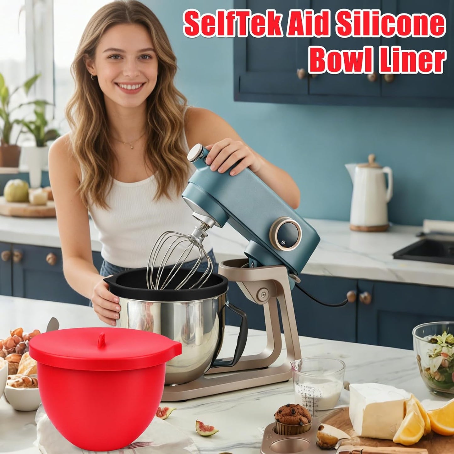 Selftek 2 Pcs Silicone Bowl Liners for 7 Qt Kitchenaid Mixers - Accessories and Attachments for Cooking and Baking, Heat-Resistant & Easy to Clean, 2 Liners with Lids (Red & Black)