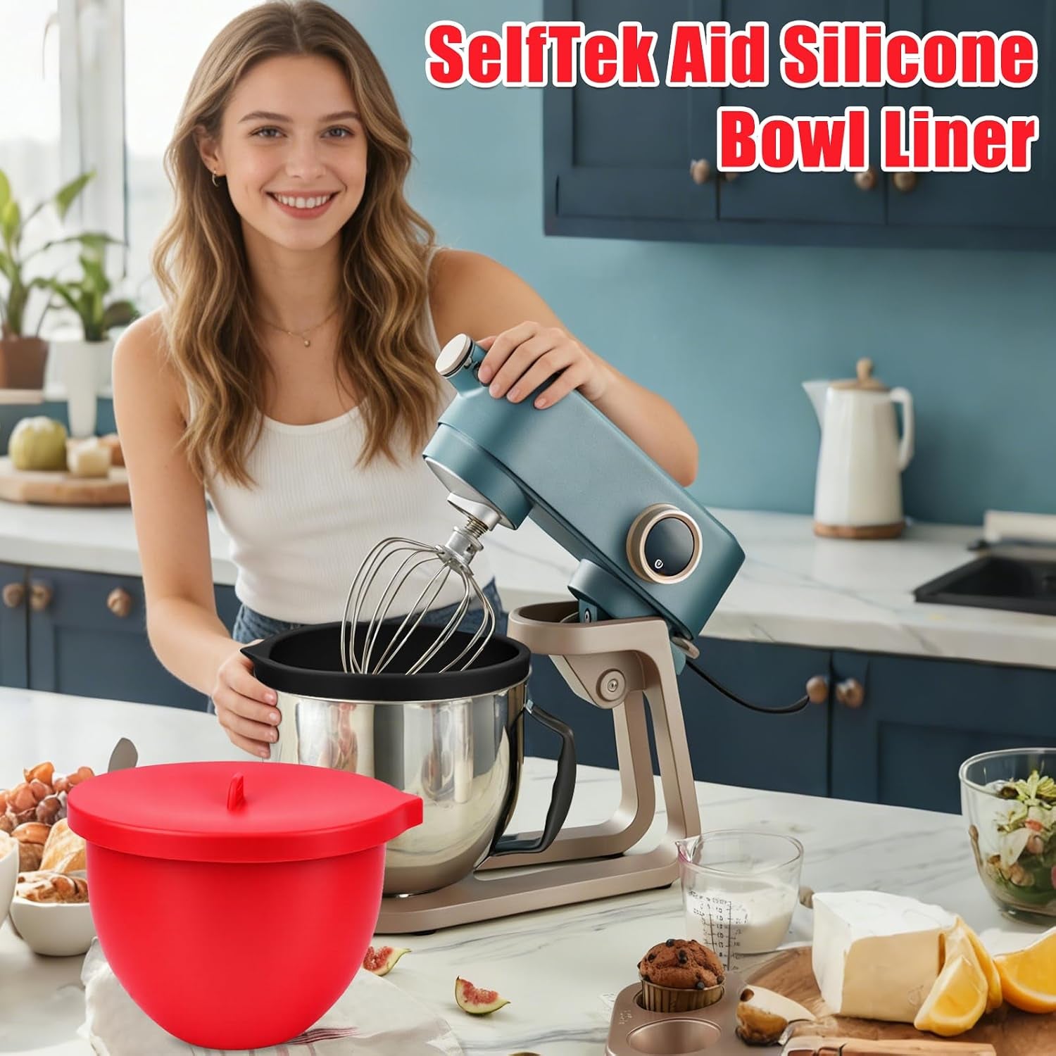 Selftek 2 Pcs Silicone Bowl Liners for 7 Qt Kitchenaid Mixers - Accessories and Attachments for Cooking and Baking, Heat-Resistant & Easy to Clean, 2 Liners with Lids (Red & Black)