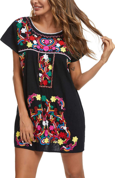YZXDORWJ Women Mexican Embroidered Dress Short Sleeve