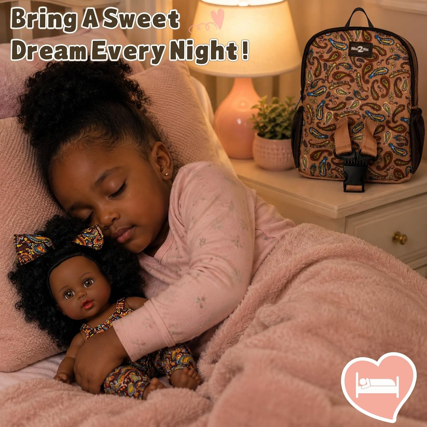 Nice2You Black Baby Doll in Take along Backpack Carrier, 10In American African Girl Doll for Toddlers and Kids Aged 3+ Year Old, Backpack for Baby Doll Accessories Storage