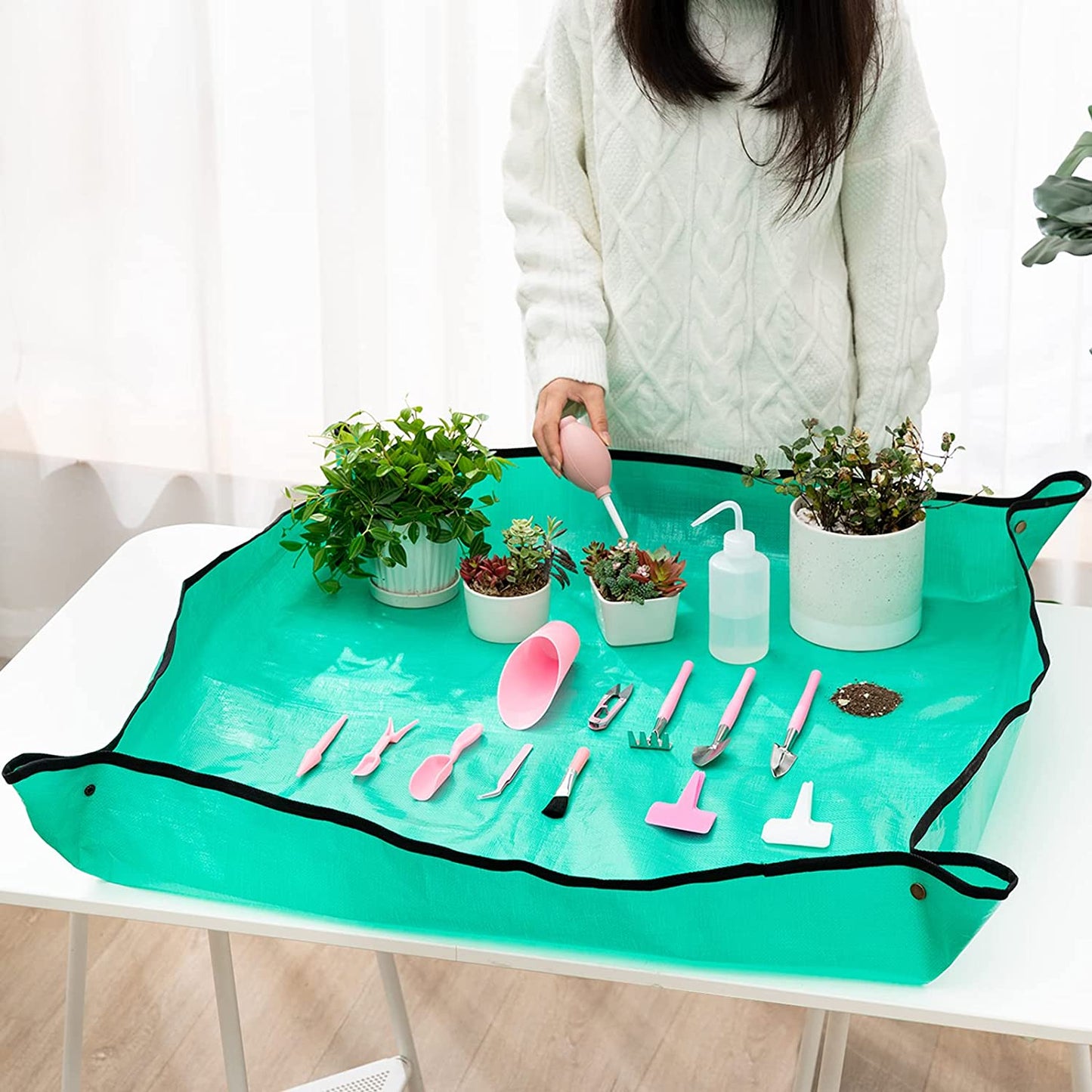 Melphoe 25Pcs Mini Garden Hand Transplanting Succulent Tools Set, 39.4" Thickened Repotting Mat & Plant Tag, Miniature Planting Indoor Fairy Care, Potting, Cactus, Houseplant Bonsai Tool Kit (Pink)
