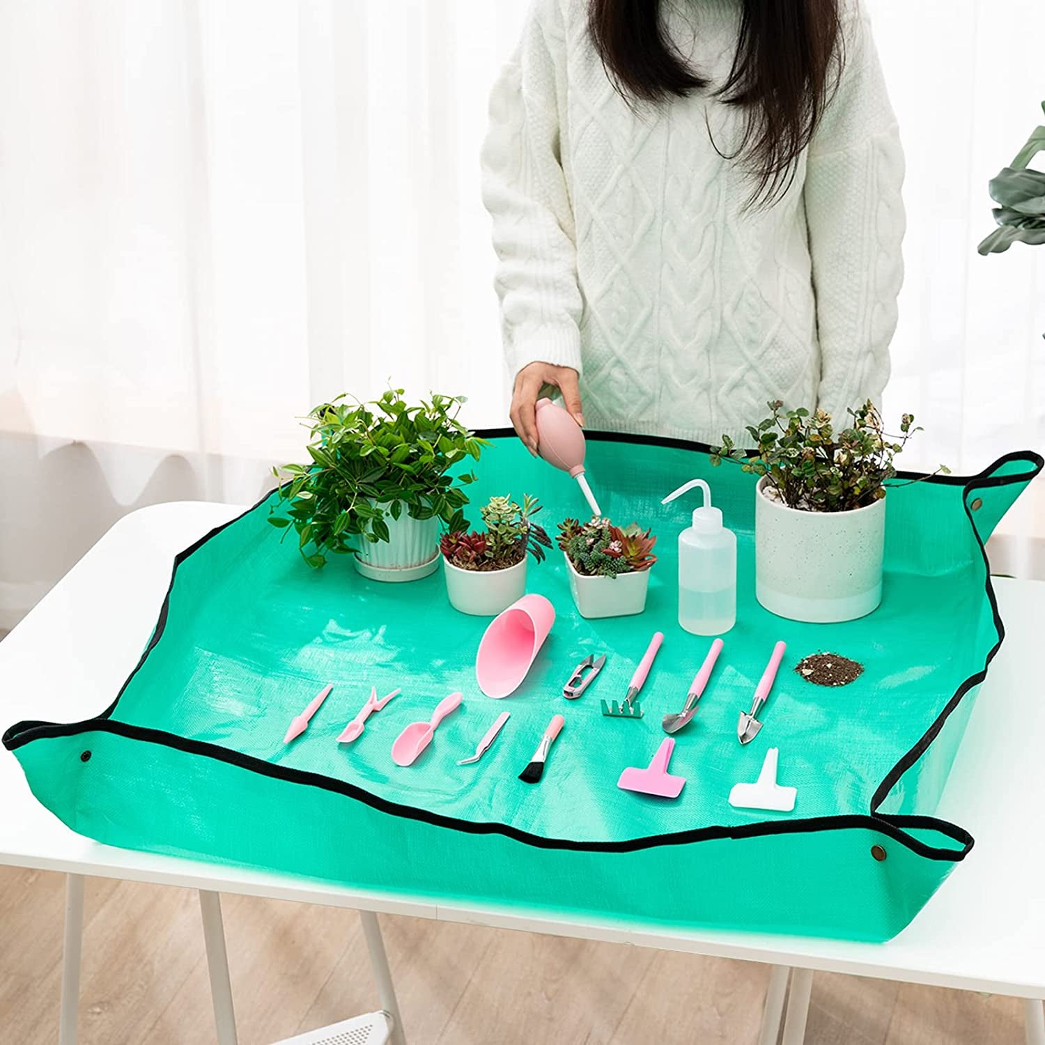 Melphoe 25Pcs Mini Garden Hand Transplanting Succulent Tools Set, 39.4" Thickened Repotting Mat & Plant Tag, Miniature Planting Indoor Fairy Care, Potting, Cactus, Houseplant Bonsai Tool Kit (Pink)