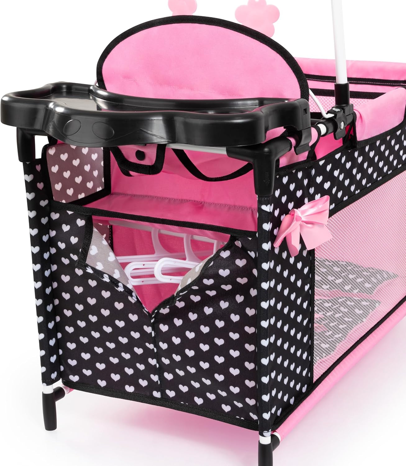 Bayer Baby Doll Furniture Set with Bed, Highchair & Hangers, Black/Pink | Nursery Station with Feeding Tray, Blanket, Pillow and Storage Compartment for 18 Inch Dolls. Encourages Roleplay
