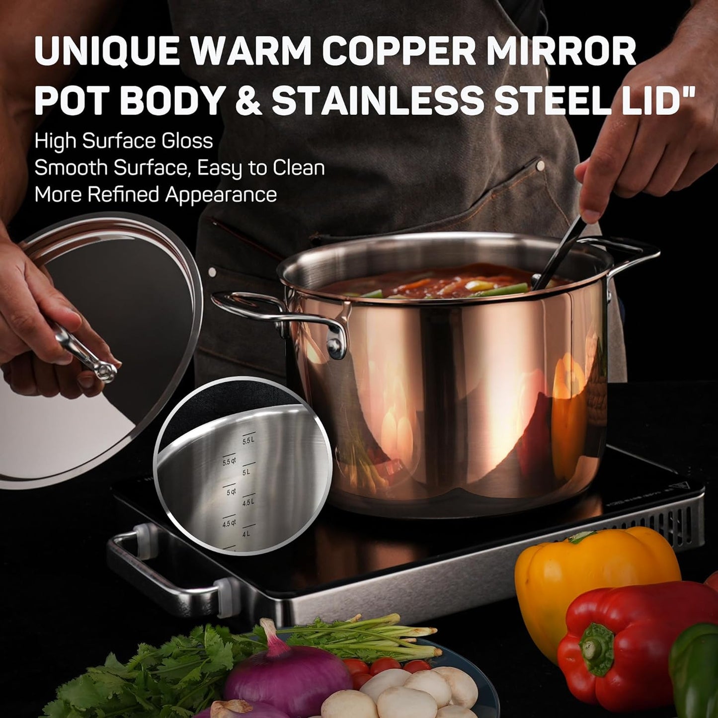 Ciwete Whole Tri-Ply 18/10 Stainless Steel Cookware Set, 10 Pcs Elegant Copper Pots and Pans Set, Induction Cookware, Frying Pans, Saucepans & Stock Pot with Lid, Ideal Gift for Wedding, Housewarming