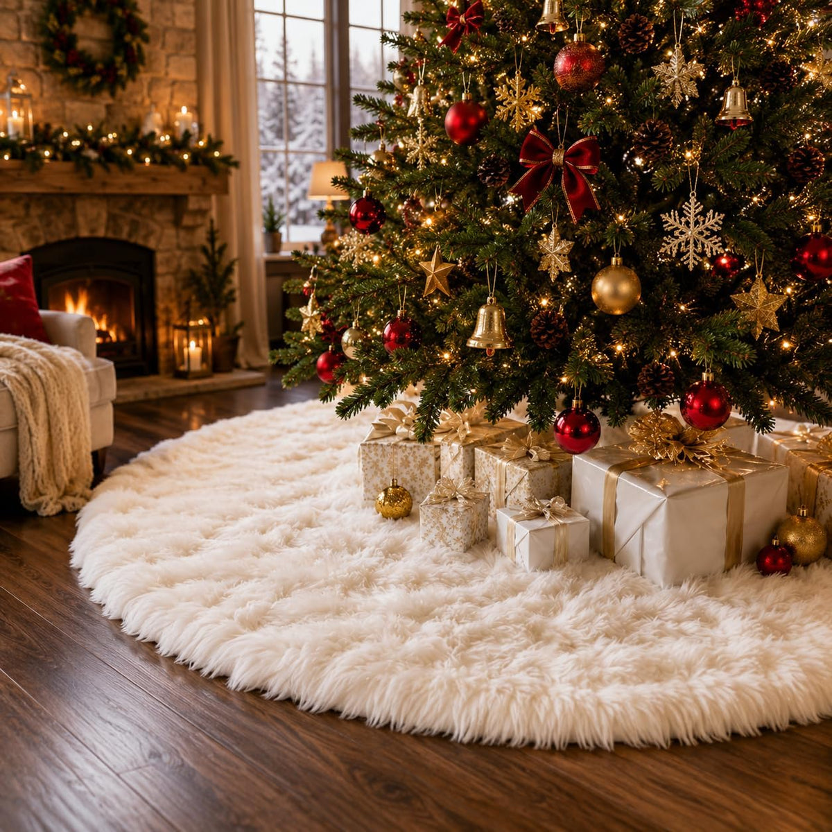 Christmas Tree Skirt, 60” Large White Tree Skirts with Soft Faux Fur Plush for Christmas Tree Decorations, White Christmas Tree Skirts Xmas Decorations for Indoor Holiday Party Decor
