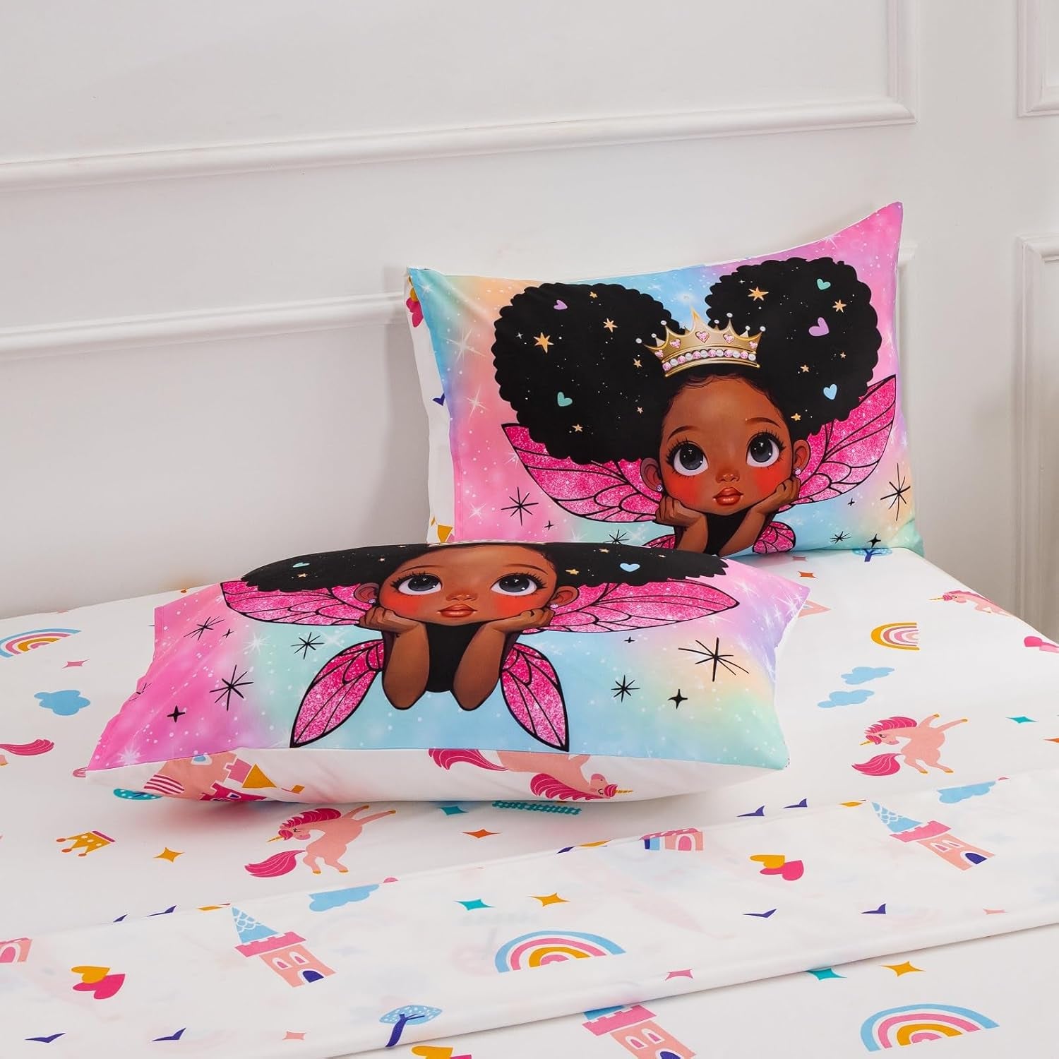 A Nice Night Black Girl Princess with Wings Comforter Set,Pink Gradient Glitter Rainbow Galaxy 6Pcs Kids Twin Size Bedding Set,Room Decor for Girls