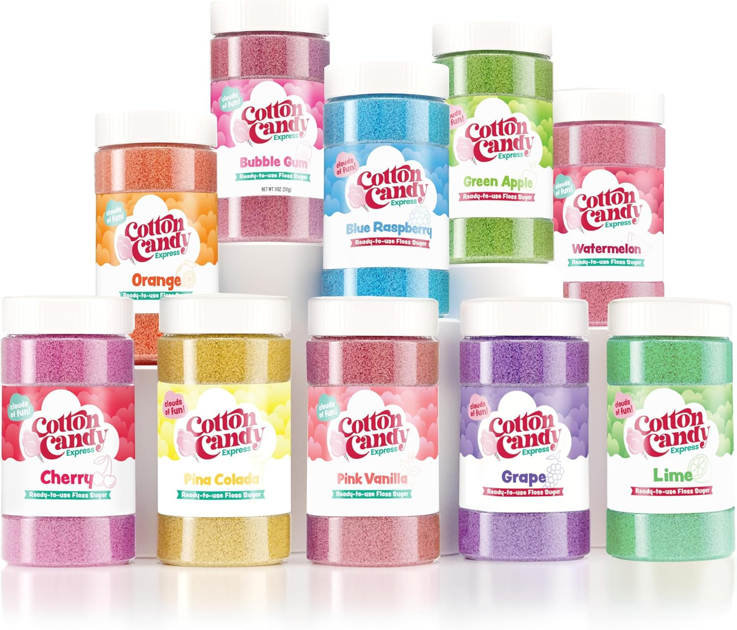 Cotton Candy Express Floss Sugar Variety Pack with 10 Total 11Oz Plastic Jars Flossing Sugars Bundled with Cotton Candy Express CC1000-S Cotton Candy Machine, Teal.