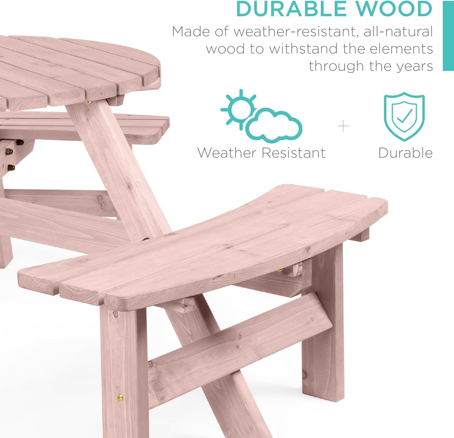 Best Choice Products 6-Person Circular Outdoor Wooden Picnic Table for Patio, Backyard, Garden, DIY W/ 3 Built-In Benches, 500Lb Capacity - Rose Quartz