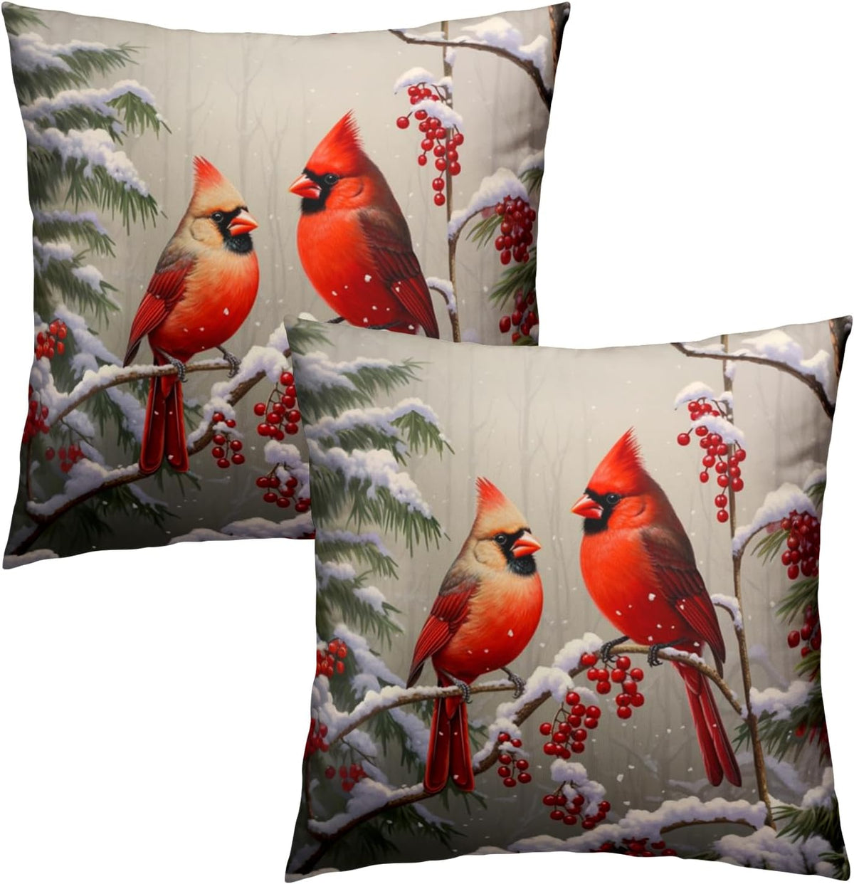 Merry Christma Red Cardinal Bird Throw Pillow Cover 18X18 Inch Pack of 2 Winter Snowflakes Cushion Pillow Case Square Xmas Pine Trees Holiday Pillowcase for Party Bed Sofa Home Car Bedroom Outdoor
