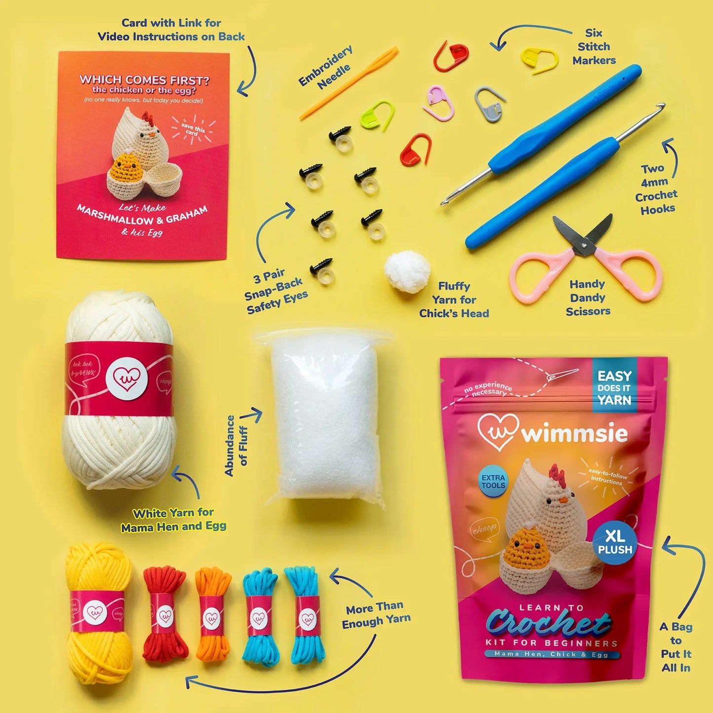 Wimmsie Beginner Crochet Kit for Adults Kids and Teens - Chicken & Egg - White