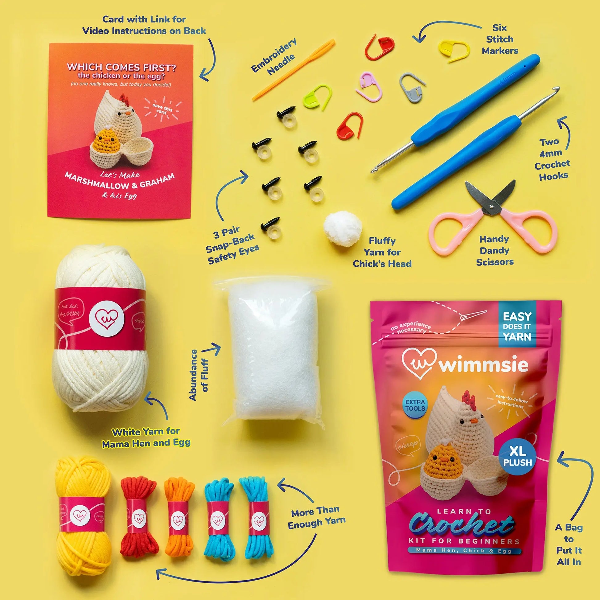 Wimmsie Beginner Crochet Kit for Adults Kids and Teens - Chicken & Egg - White