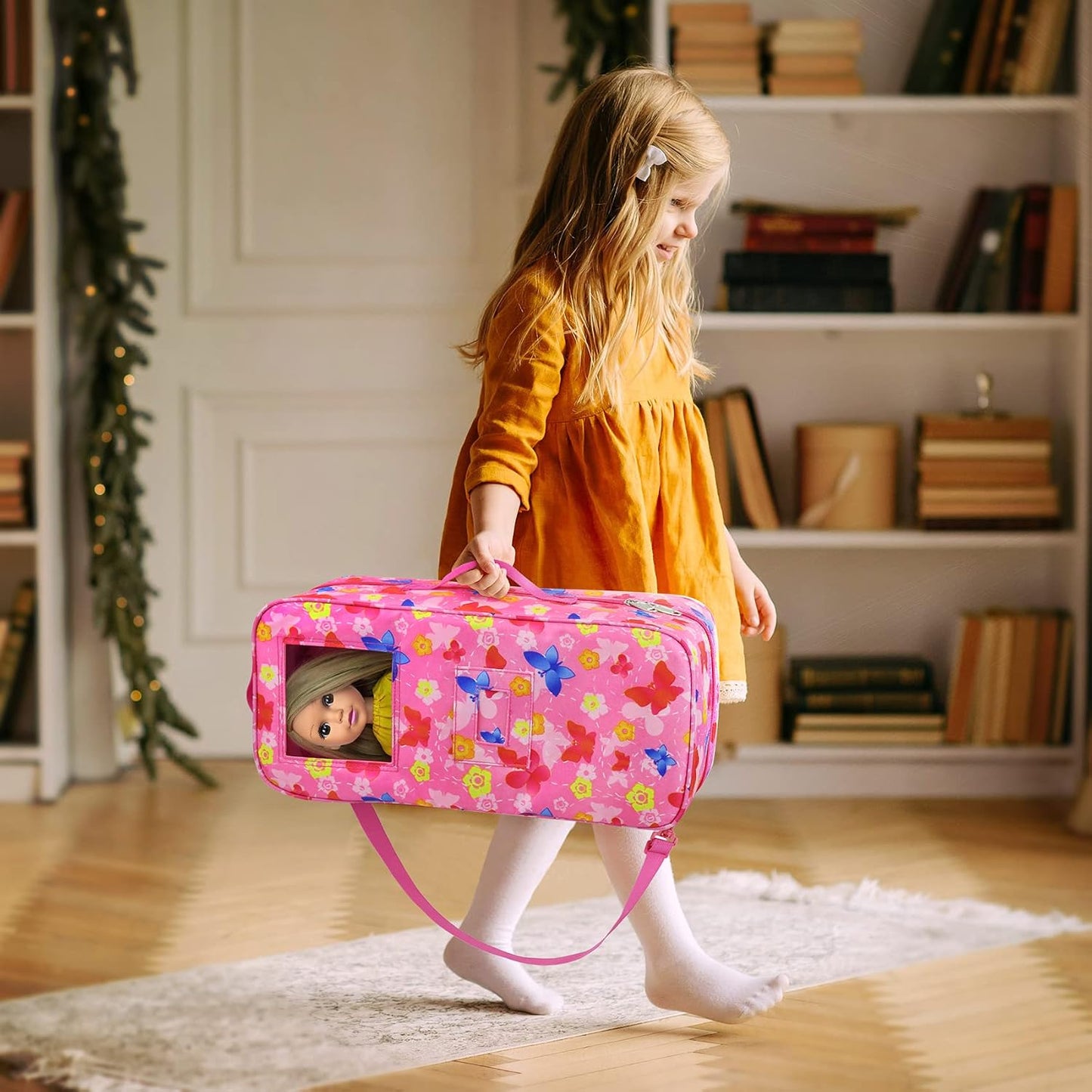 ZITA ELEMENT 14.5 Inch Girl Doll Butterfly Design Carrier Case Travel Bag | Standing Doll Display Accessories Set for Travel Sorage for 14.5 Inch Doll Going Out,Gift Age 3+