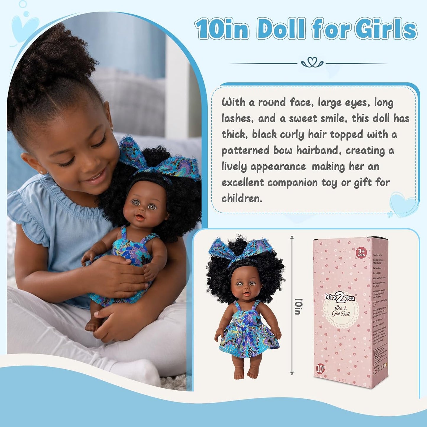 Nice2You Black Baby Doll for Girl, 10 Inch African American Black Doll with Dress, Reborn Realistic Baby Doll for Kids Aged 3-6 Years Old, Small Silicone Black Doll Toy with Curly Hair for Birthday