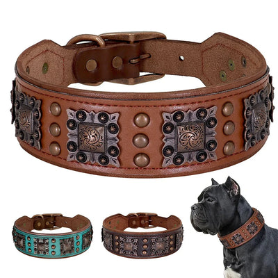 Cool Spiked Dog Collar for Medium Large Dogs Genuine Leather Pitbull Bulldog Adjustable Pet Accessories Collars Necklace (L)