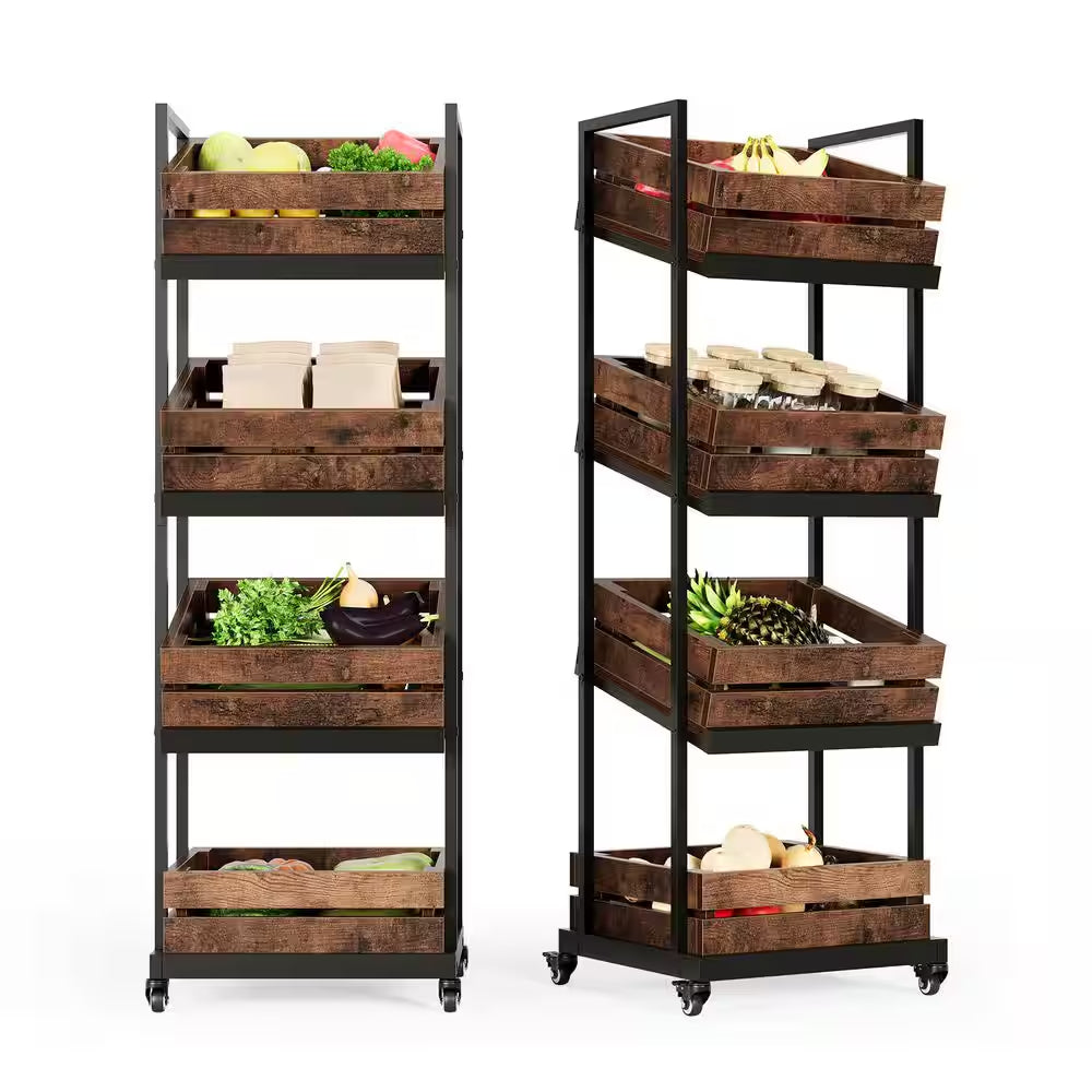 59 In. H Brown Wood 4-Tier Kitchen Cart Mobile Fruit and Vegetable Storage Utility Shelf Organizer Rack with Wheels