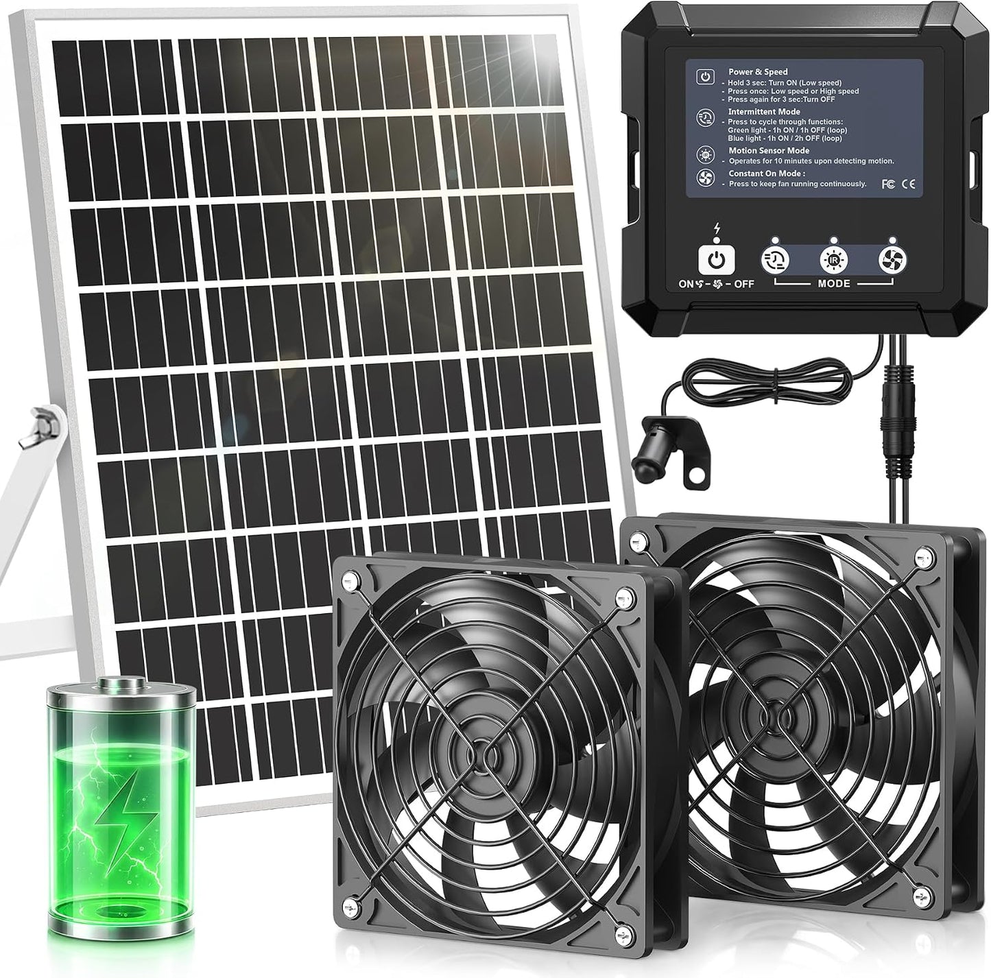 Solar Fan for Chicken Coop with 7500Mah Battery, 25W Solar Powered Fan | Ventilation Kit, Smart 3 Modes with Motion Sensor, IP65 Waterproof Solar Exhaust Fan for Greenhouse | Dog House | Workshop