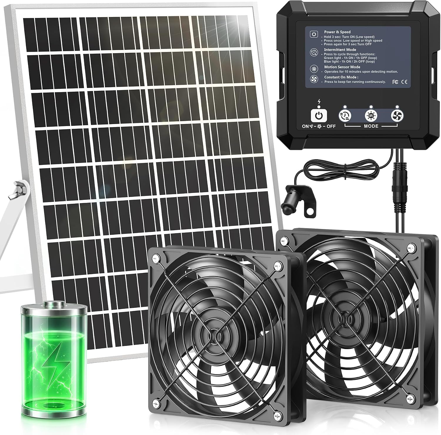 Solar Fan for Chicken Coop with 7500Mah Battery, 25W Solar Powered Fan | Ventilation Kit, Smart 3 Modes with Motion Sensor, IP65 Waterproof Solar Exhaust Fan for Greenhouse | Dog House | Workshop