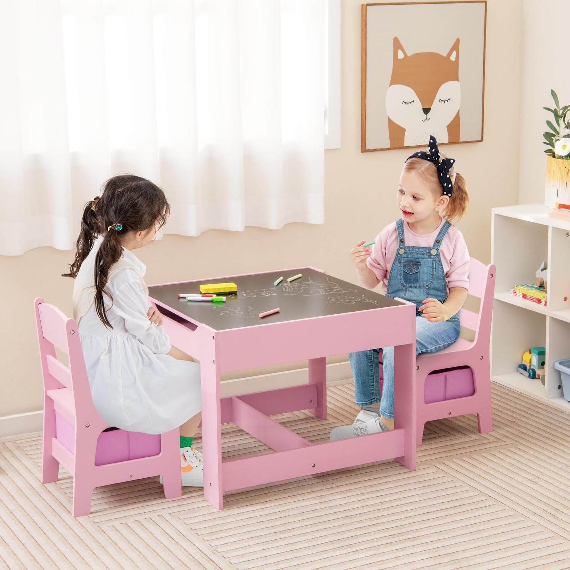 Costway 3 in 1 Wood Activity Table Chair Set W/Storage Box Pink