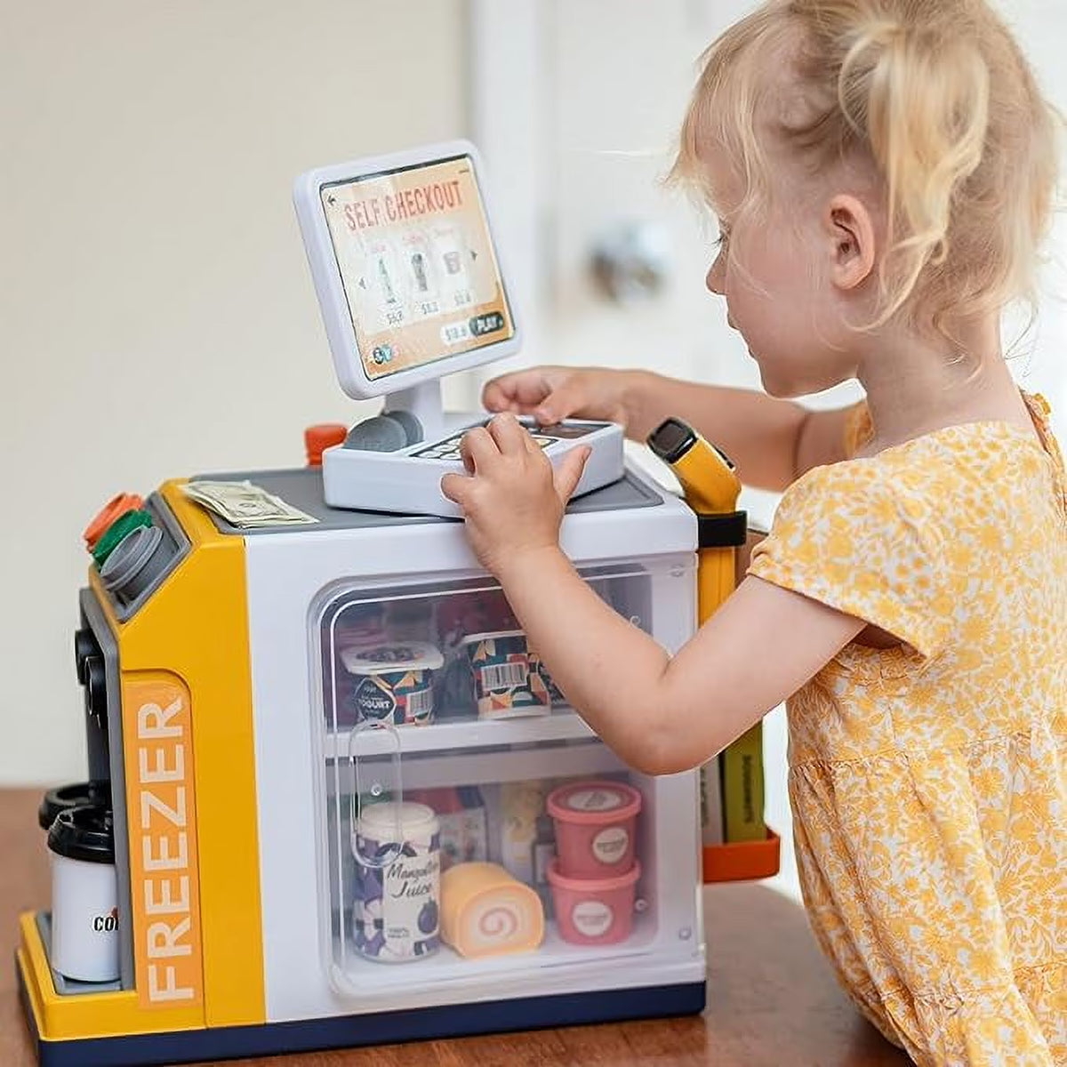 Adofi 46PCS Cash Register for Kids, Kids Pretend Play Toys with Scanner, Calculator, Play Food, Girl Toys, Toddler Toys for Boys Girls, Toys for Girls 3 6 Years, Kids Toys Cash Register-Yellow