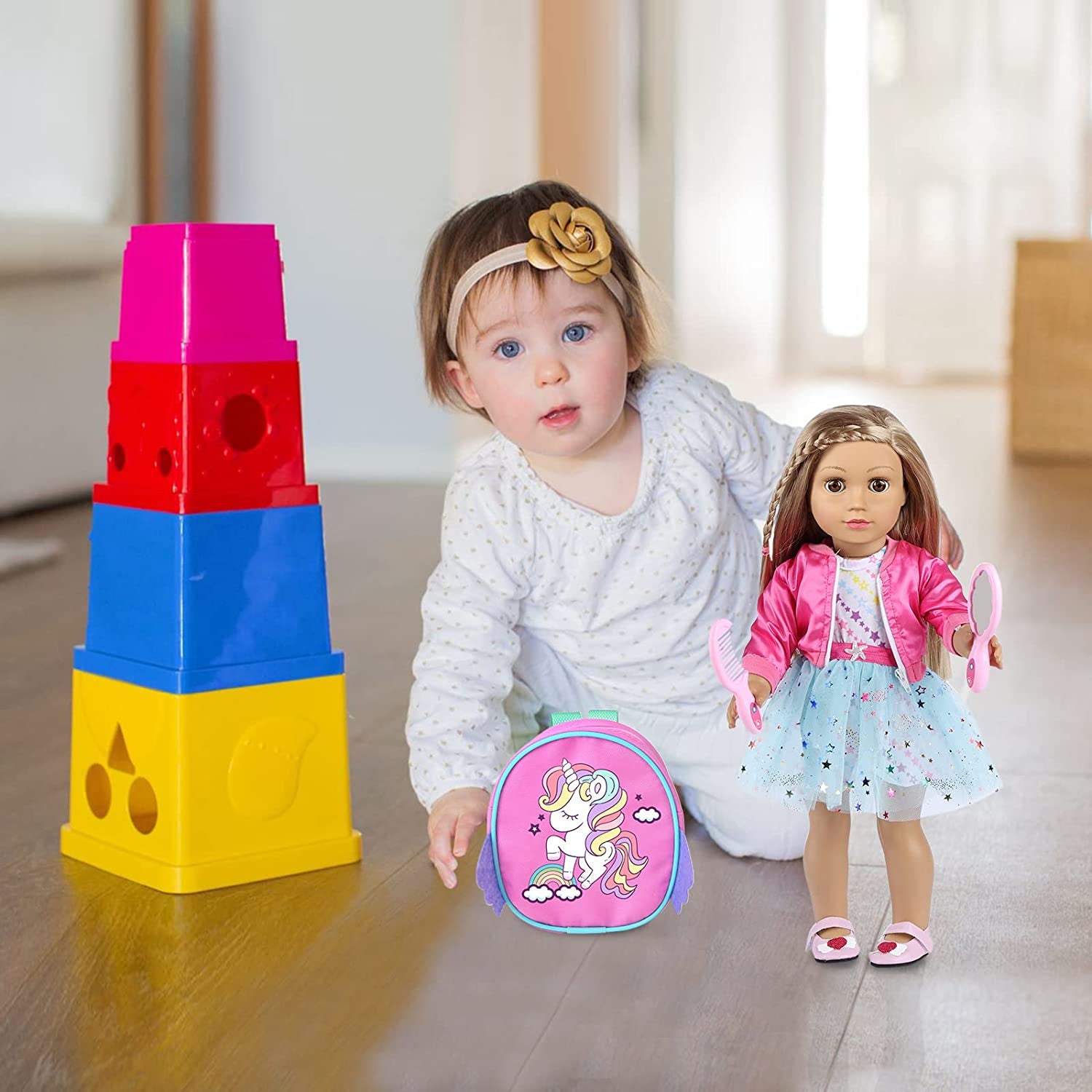 American 18 Inch Doll Clothes and Makeup Accessories Set Includes Clothes Backpack Sunglasses Phone Shoes Comb Mirror Eye Shadow Lipstick Hair Clip Hair Tie(Doll NOT Included)