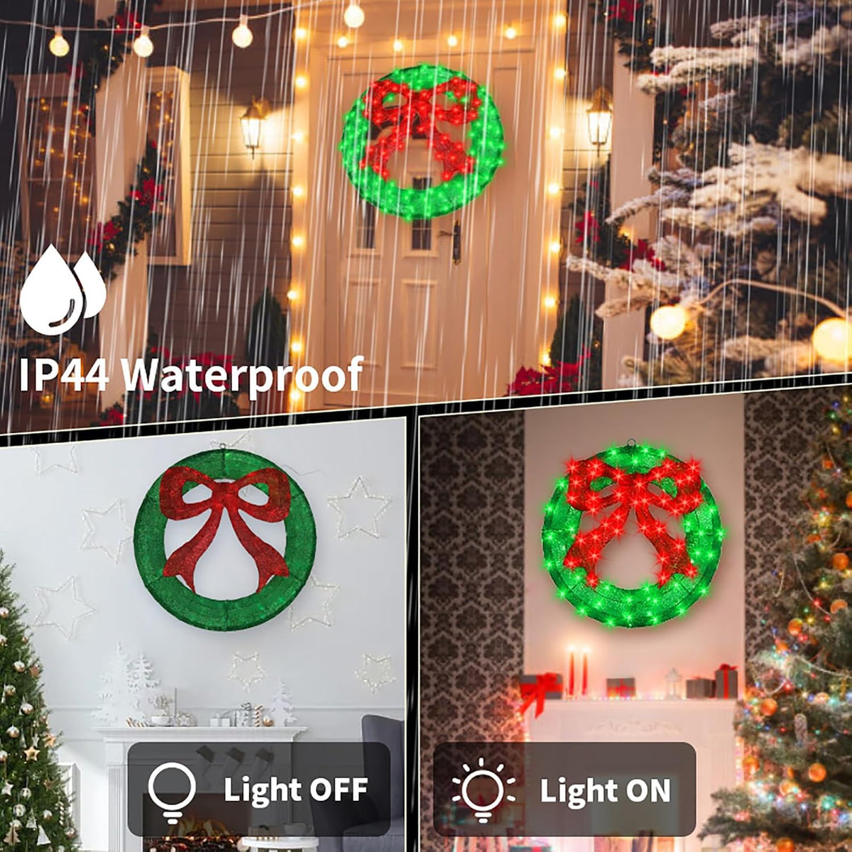 36 Inch Pre-Lit Outdoor Christmas Wreath with Bow, Red Bow - Green Wreath