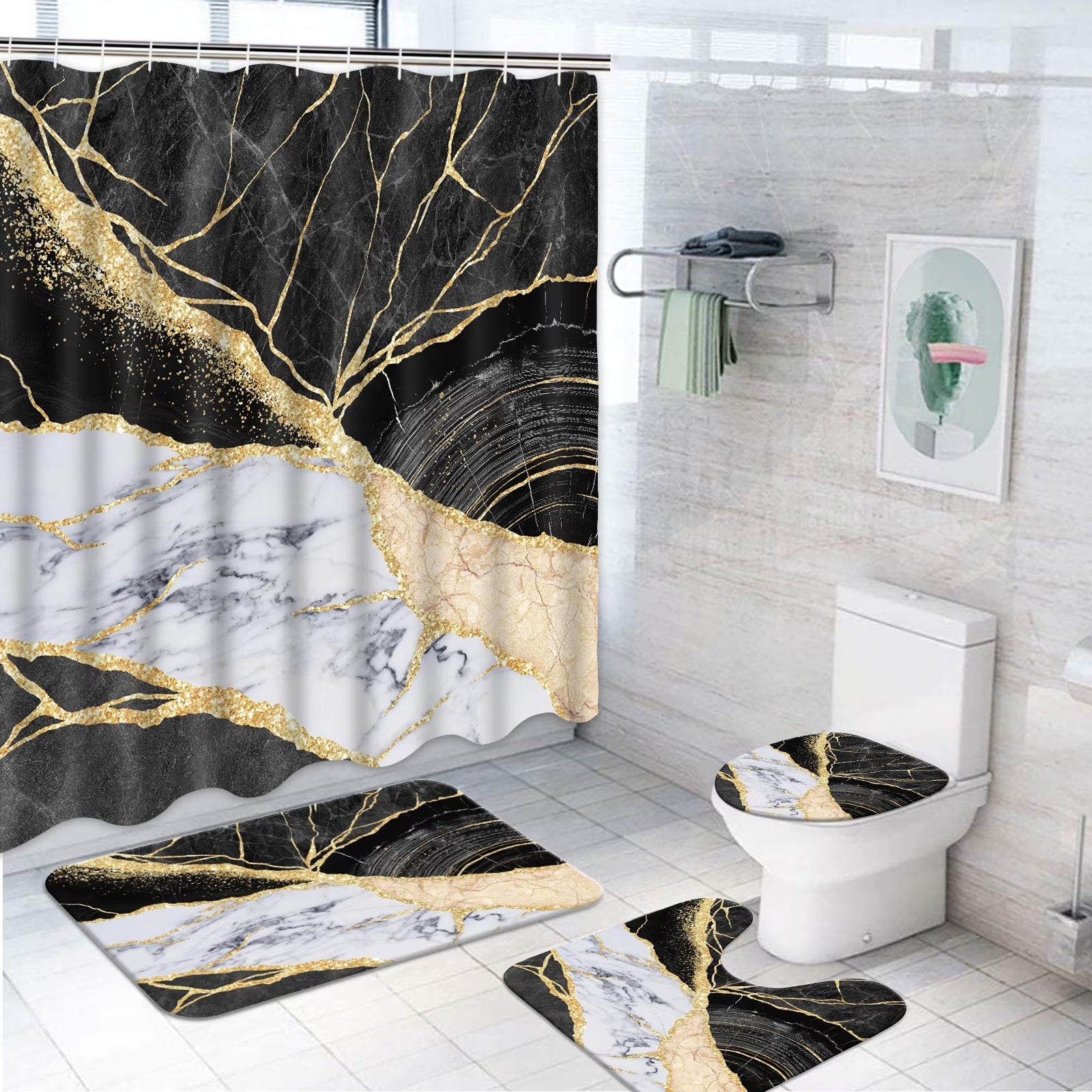 FRAMICS Black Gold Marble Shower Curtain Sets with Rugs, 16 Pc Modern Abstract Bathroom Sets, Waterproof Fabric Bathroom Curtain Decor with Hooks