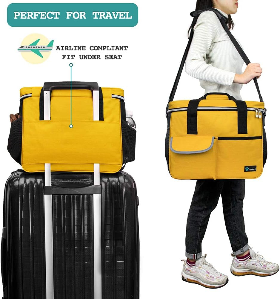 Petami Dog Travel Bag Organizer, Pet Travel Kit with 2 Food Containers & 2 Collapsible Dog Bowls, Pet Supplies Tote with Luggage Sleeve, Weekend Road Trip Camping Essentials, Yellow, Medium