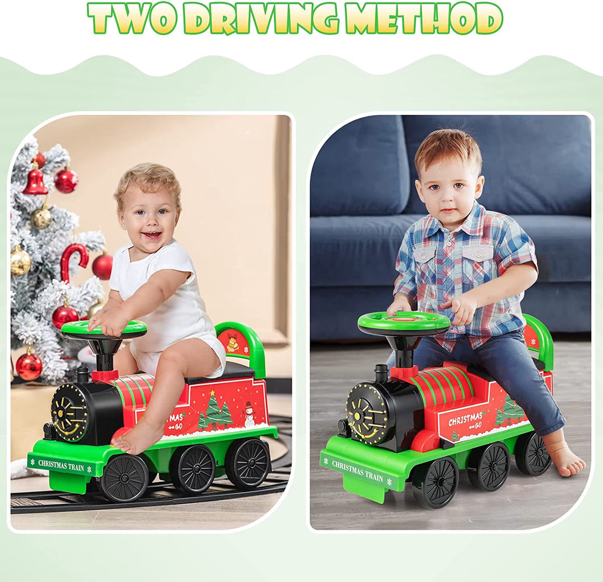 OLAKIDS Kids Ride on Train with Track, 6V Electric Toy with Lights and Sounds, Retractable Footrest, under Seat Storage, Christmas Theme Battery Powered Gift for Toddlers Boys Girls (Christmas Style)