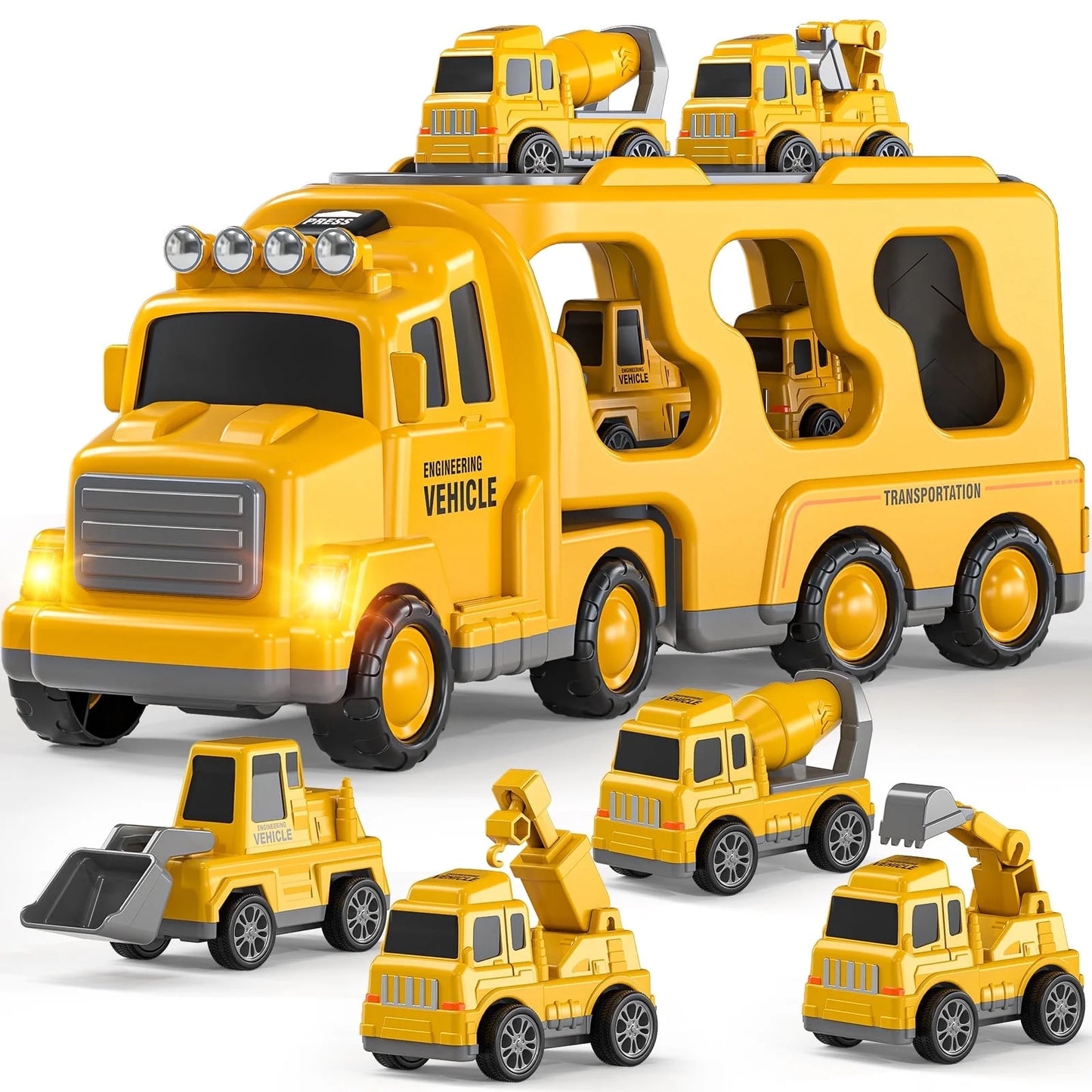 Construction Truck Toys for 3-7 Years Old Boys - Kids Friction Powered Car Toys for Toddler Ages 3-5, Carrier Play Vehicles Set with Sound and Light, Birthday Gifts for Toddlers