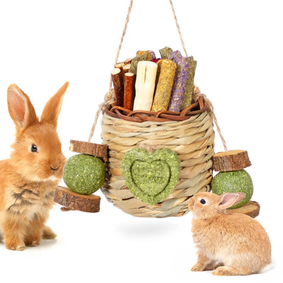 Rabbit Chew Toys Hanging Basket with Sweet Bamboo Timothy Hay Peach Sticks for Bunny Chinchillas Guinea Pigs Hamsters Rats Teeth Grinding Pets