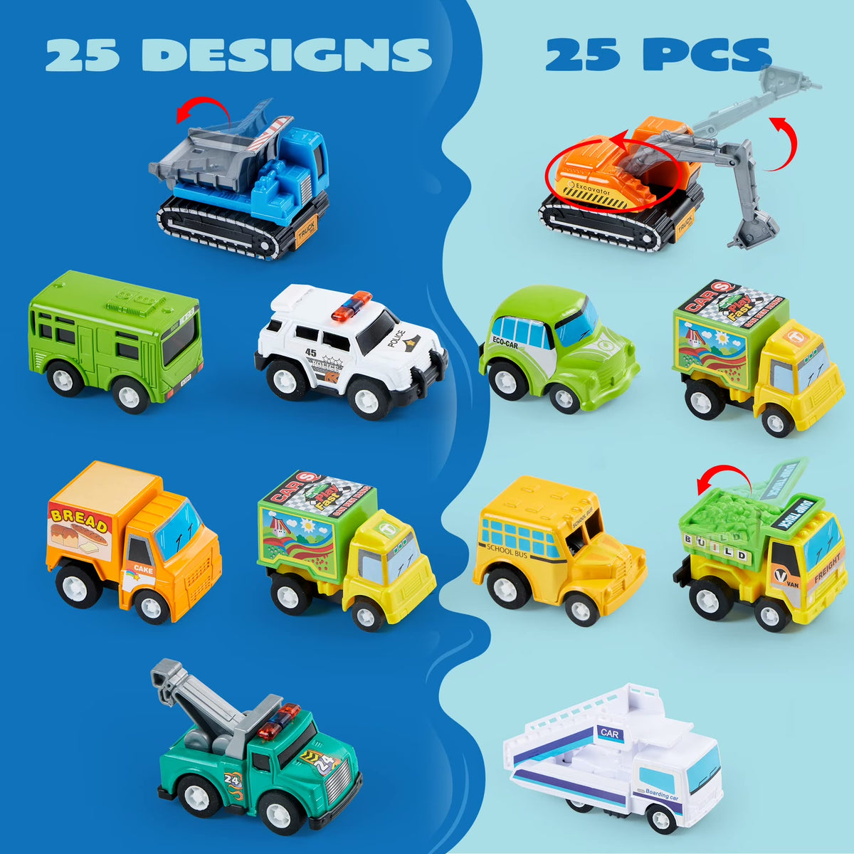 JOYFY 25 Pcs Kids Toy Cars Bulk, Pull Back Cars and Trucks Play Vehicles Set, Mini Excavator Party Favors Birthday Gift for Boys and Girls