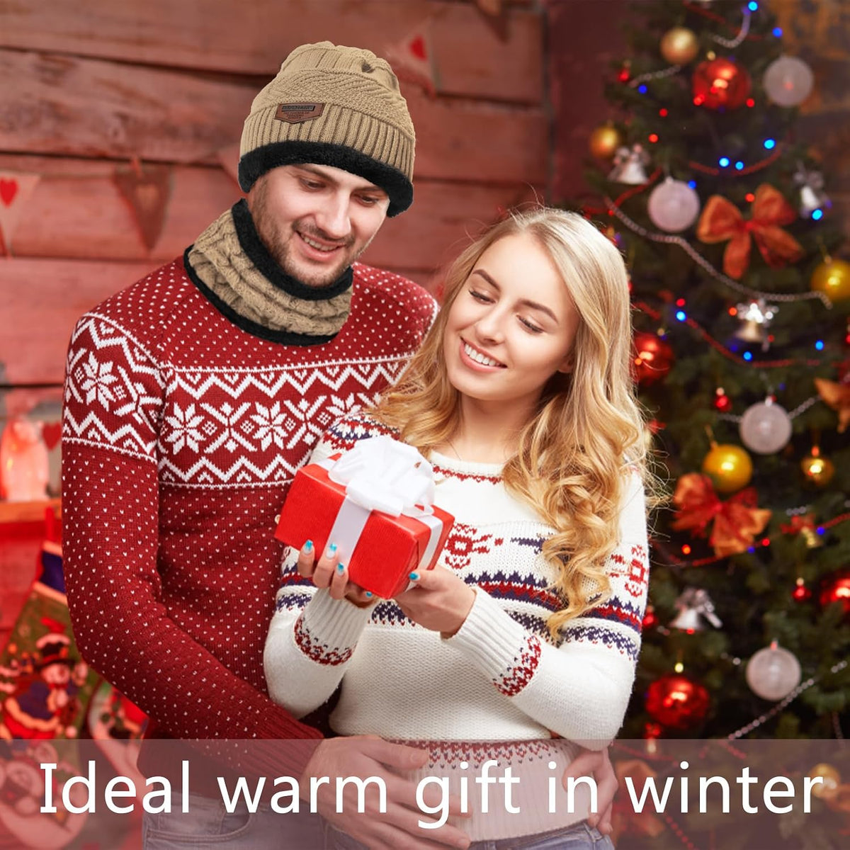 Loritta Winter Hats for Men, 3 PCS Fleece Beanie Scarf Gloves Set
